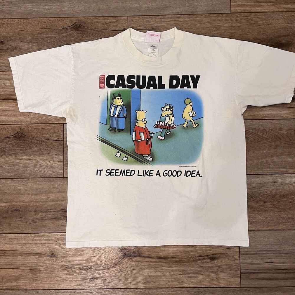 Vintage 90s Dilbert Casual Day Comic Cartoon Tee White T-Shirt Size XL USA Made